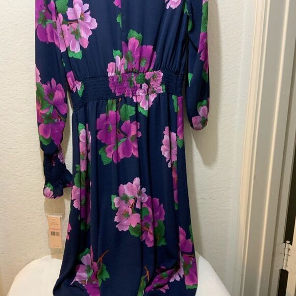 nanette Lepore Navy & Fuchsia Floral Cinched Midi Dress 10 Flowy NWT - Picture 12 of 16